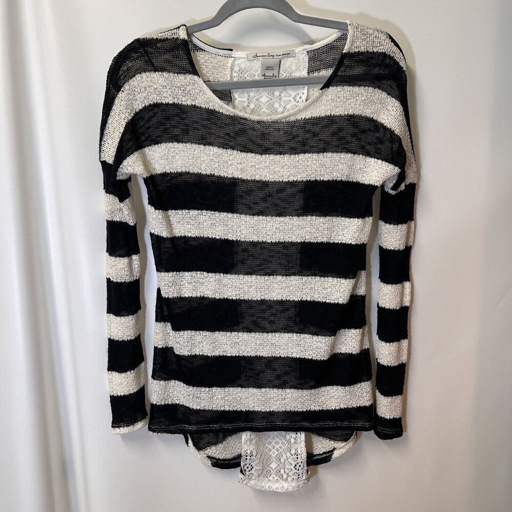 American Rag Sweater XS Black White Striped Open Knit Lace Lightweight USA Made